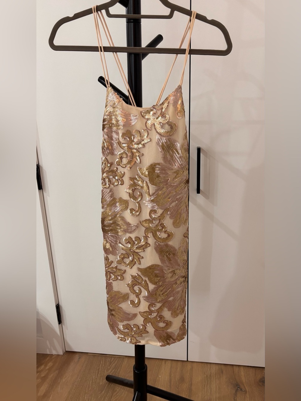 Soieblu Champagne Sequin Slip Dress with Gold Accents